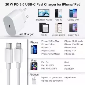 Chargeur Rapide Apple,  USB C pour iPhone, avec Câble 1m, compatible avec Phone 13,12,11, Pro Max, Mini, X, 8, 7, i-Pad