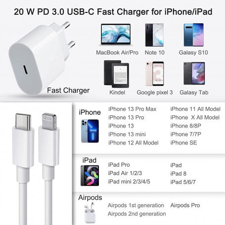 C/S]Chargeur rapide USB-C COMPATIBLE avec Apple; Chargeur c.a. 20 W PD 3.0  USB-C; Chargeur mural pour iPhone 11 iPhone 13/Pro/Max iPhone 12/Pro/Max  iPad Air; Câble USB-C vers Lightning