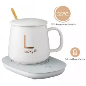 Tasse à café en céramique LUCKY, blanc avec sous-verre thermostatique pour boire, du thé, du café, du lait et de l'eau.