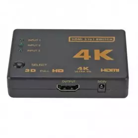 Commutateur HDMI, Stable, Switcher 4K, 3 Ports, Dolby Haute Définition, avec télécommande - Noir