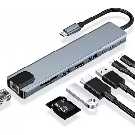 Adaptateur Hub USB C, 8 en 1, vers HDMI 4K, Ethernet RJ45, PD 87W, Port USB 3.0 et USB 2.0, Carte SD/TF, Type C pour MacBook