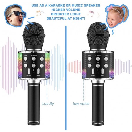 Microphone Karaoké familial sans Fil, Bluetooth, lecteur, enregistreur  portable avec Lumières LED, compatible Android et iOS