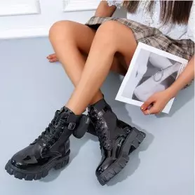 Chaussures Bottes School en cuir à semelles épaisses pour femme, décontractées à lacets, à la mode - Noire