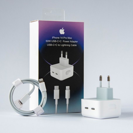 Double chargeur, adaptateur Apple 50W, Dual USB-C, pour iPhone, avec câble  USB-C Lightning