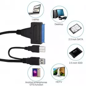 Câble adaptateur double USB 3.0/2.0 mâle vers SATA mâle, Convertisseur pour Disque Dur Support 4To