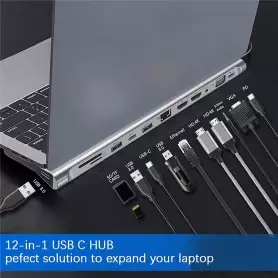 Hub Station d'accueil USB-C MZX, 12 en 1, 4K à 30 Hz, 11 ports, HDMI, USB 3.0 pour Windows et Mac, XPS, tablettes et Chromebook