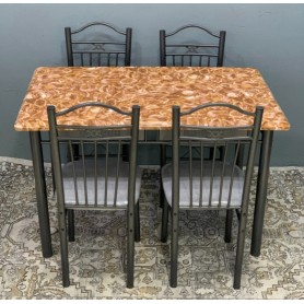 Ensemble de table à manger et quatre chaises, plateau style marbre cadre en métal  marron