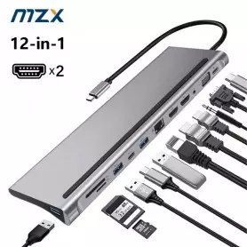 Hub Station d'accueil USB-C MZX, 12 en 1, 4K à 30 Hz, 12 ports, HDMI, USB 3.0 pour Windows et Mac, XPS, tablettes et Chromebook