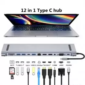 Hub Station d'accueil USB-C MZX, 12 en 1, 4K à 30 Hz, 12 ports, HDMI, USB 3.0 pour Windows et Mac, XPS, tablettes et Chromebook