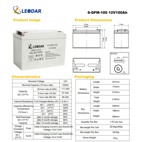 Batterie Gel Cycle Profond LEODAR 6-GFM-100, 12V, 100Ah, Fiabilité et  Performance Maximales