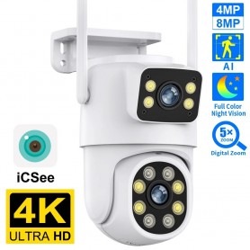 Caméra de Surveillance extérieur WiFi 4K 8MP, Double Objectif, Zoom Num.4x, Reconnaissance AI, Vision Nocturne en Couleurs