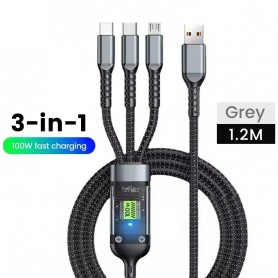 Câble Charge Rapide USB 3en1, 100W, Transparent Lumineux