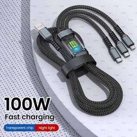 Câble Charge Rapide USB 3en1, 100W, Transparent Lumineux