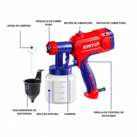 Pistolet à Peinture Électrique EMTOP ESGN35001, 450W, 800 ml, 0.1-0.2 Bar