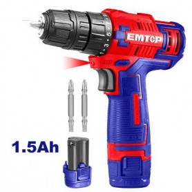 Perceuse Sans Fil - EMTOP ECDL12511, 12V, 0-750 RPM de vitesse vide, 15+1 positions Réglages de Couple