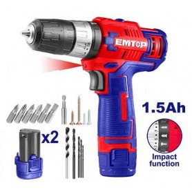 Perceuse à Percussion Sans Fil - EMTOP ECIDL12622, 12V, 0-400 / 0-1500 RPM de Vitesse à Vide, avec deux batteries