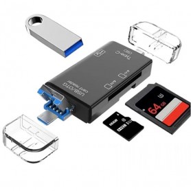 Lecteur de Carte mémoire 6-en-1, SD/Micro, SD, USB/Type-C, pout Windows, MacOS, ChromeOS