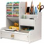 Porte-Crayons, Organisateur de Bureau avec Tiroir en Bois Multifonction avec12 Compartiments, en noir marron et blanc