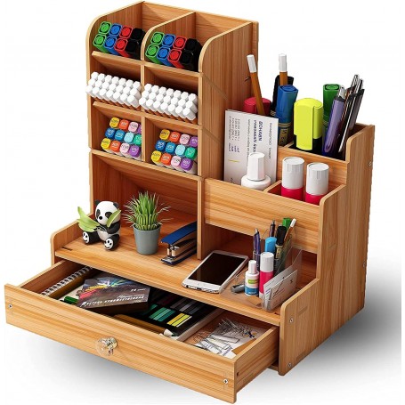 Porte-Crayons, Organisateur de Bureau avec Tiroir en Bois Multifonction avec12 Compartiments, en noir marron et blanc