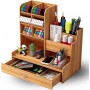 Porte-Crayons, Organisateur de Bureau avec Tiroir en Bois Multifonction avec12 Compartiments, en noir marron et blanc