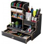 Porte-Crayons, Organisateur de Bureau avec Tiroir en Bois Multifonction avec12 Compartiments, en noir marron et blanc
