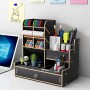 Porte-Crayons, Organisateur de Bureau avec Tiroir en Bois Multifonction avec12 Compartiments, en noir marron et blanc