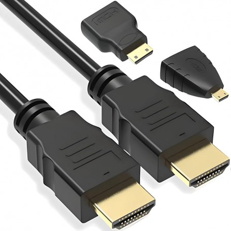 Câble HDMI 3-en-1, 1,5m avec Adaptateurs Mini HDMI & Micro HDMI