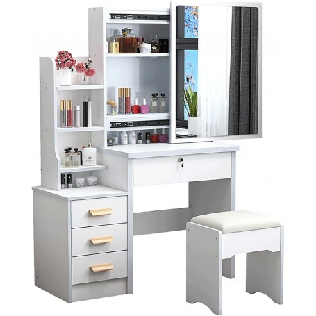 Coiffeuse Moderne avec Miroir Lumineux, pour Chambre à Coucher ou Bureau - Blanc