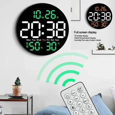 Horloge Murale LED Ronde 10 pouces avec Alarme, Température et Humidité – Compte à Rebours et Télécommande