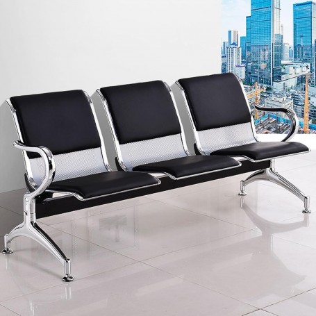 Banc d’attente métallique avec coussin noir en acier inoxydable 3 places -3 places