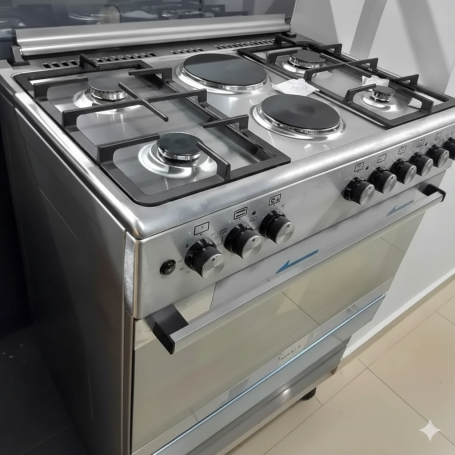 Cuisinière Mixte MAXI F9S42E3, 4 Feux Gaz + 2 Plaques Électriques + Four Électrique en Innox Silver-Grey