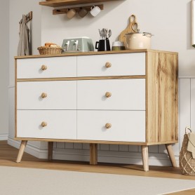 Buffet Commode HX-8N2384 à 6 tiroirs, Style moderne et scandinave en bois massif et métal