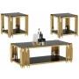 Ensemble de Tables de Salon 3 Pièces en Verre Trempé Noir & Cadre Doré en Acier Inoxydable