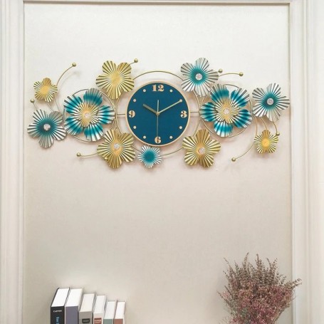 Horloge Murale Décorative Florale 3D A2164, Feuilles Dorées & Fleurs Turquoise et Blanches (98 x 41 cm)