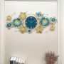 Horloge Murale Décorative Florale 3D A2164, Feuilles Dorées & Fleurs Turquoise et Blanches (98 x 41 cm)