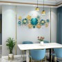 Horloge Murale Décorative Florale 3D A2164, Feuilles Dorées & Fleurs Turquoise et Blanches (98 x 41 cm)