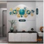 Horloge Murale Décorative Florale 3D A2164, Feuilles Dorées & Fleurs Turquoise et Blanches (98 x 41 cm)