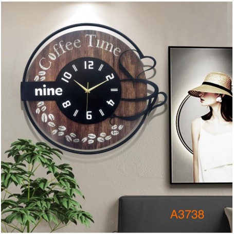 Horloge Murale Thématique "Coffee Time" A3738 – 55 cm, Design Café, Bois & Métal