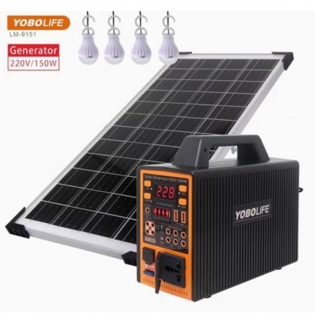 Système Solaire Portable Yobolife 150W, DC 12V et AC 220V, avec 4 ampoules LED de 3W, pour le Camping et la Maison
