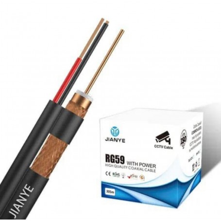 Câble CCTV Jianye RG59 avec Alimentation, Bobine 305 m, Câble Coaxial Vidéo et Alimentation pour Caméras de Sécurité