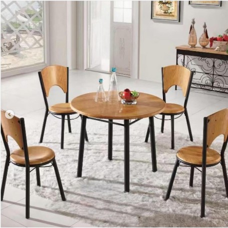 Ensemble de Salle à Manger Rond Bois Table et 4 Chaises en Métal Noir