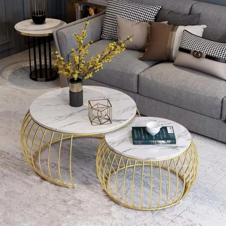 Lot de 2 Table Basse Ronde Dorée Ornementale, effet effet marbre solide et durable