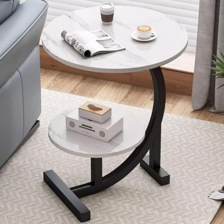 Table de chevet d'Appoint à 2 Niveaux en Marbre et Blanc pour Salon, Chambre ou Bureau