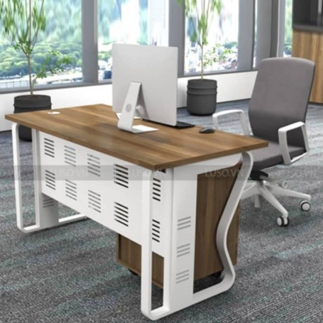Bureau de travail moderne GVVP280,120 cm, Blanc, Mélamine & Pieds Métal Noir
