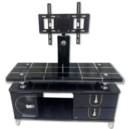 Meuble TV avec Support, Plateau en verre trempé noir, Structure robuste et stable