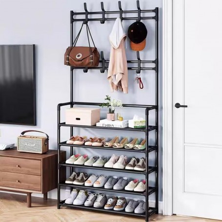 Porte-Manteaux avec Rangement à Chaussures, 5 Niveaux avec 8 Crochets et Panneau Latéral