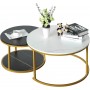 Tables Basses Gigognes Modernes, Lot de 2 en Effet Marbre Blanc & Noir avec Structure Dorée