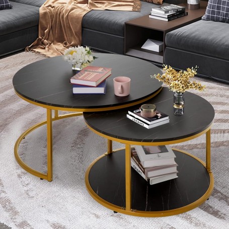 Tables Basses Gigognes Rondes Noir Effet Marbre, Lot de 2 avec Structure Métallique Dorée
