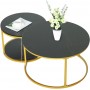 Tables Basses Gigognes Rondes Noir Effet Marbre, Lot de 2 avec Structure Métallique Dorée