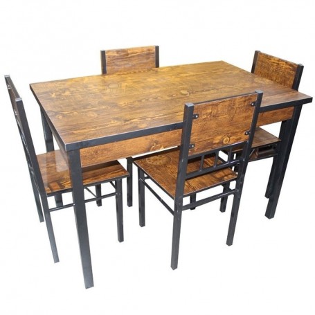 Table à Manger 4 Places Bois Naturel & Acier Noir, Table 120 cm, Structure Solide & Style Industriel